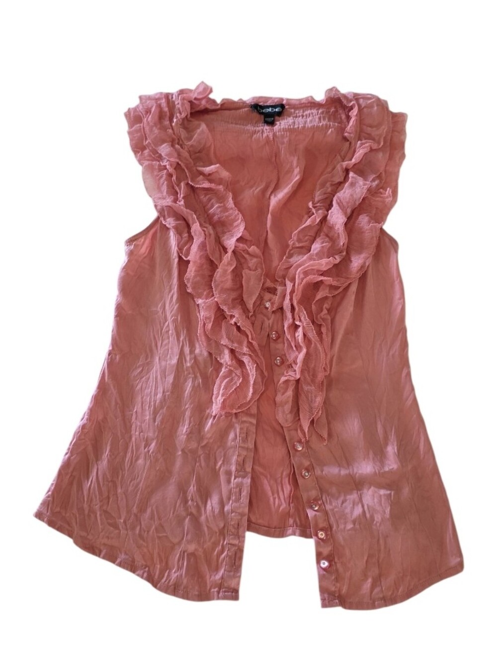 Y2K Vintage Bebe Ruffled Button-Front Sleeveless Blouse XS Coral Pink